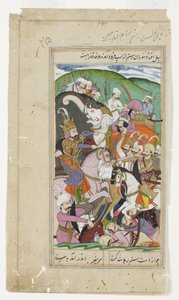 Rustam lassoi Kiinan khaqania ja vetää hänet pois valkoisesta norsustaan, n. 1790 (läpinäkymätön akvarelli ja kulta) tekijältä Indian School