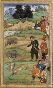 Salim, pitelee kivääriään, osoittaa kuolleelle nilgaille, n. 1600 (läpinäkymätön wc ja kultaa paperilla) tekijältä Indian School