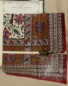 Pieni lasitettu palampore tai sängynpeitenäyte Masulipatamista Madrasissa, kokoelmasta The Collection of the Textile Manufacturers of India, kirjoittanut John Forbes Watson, julkaistu vuonna 1866 tekijältä Indian School