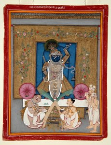 The Adoration of Krishna as Shrinath ji, 1800-25 (läpinäkymätön wc ja kultaa paperilla) tekijältä Indian School