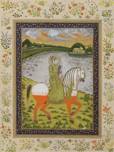 Keisari Muhammad Shah, ratsastaja, metsästyskentällä, n. 1750 (läpinäkymätön wc ja kulta paperilla) tekijältä Indian School