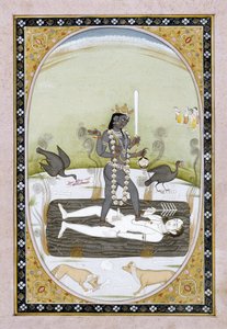Jumalatar Kali edustettuna Kangra-maalauksessa, Himachal Pradesh, n. 1820-1825 (läpinäkymätön akvarelli ja kultainen maali paperille) tekijältä Indian School