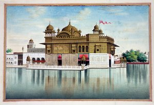 Kultainen temppeli Amritsarissa, teoksesta The Kingdom of the Punjab, sen hallitsijat ja päälliköt, osa I, 27 akvarellitutkimuksen osio tunnistamattomalta intialaiselta taiteilijalta, n. 1840 (wc paperilla) tekijältä Indian School