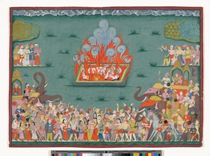 Ramabain sati, Madhavrao Peshwan vaimo, n. 1772–1775 (akvarelli ja kulta paperille) tekijältä Indian School