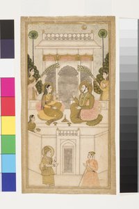 Golcondan sulttaani, Quli Qutb Shah, istuu puolisonsa kanssa, 1700-25 (läpinäkymätön wc ja kultaa paperilla) tekijältä Indian School