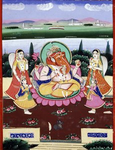 Jumaluus Ganesha (Ganesh tai Ganapati), Shivan ja Parvatin tytär. Intialainen suosittu printti 1800-luvulta. tekijältä Indian School