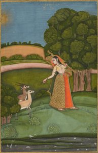Todi Ragini, Ragamala-sarjasta, n.1755 (peittävä akvarelli kullan kanssa paperilla). tekijältä Indian School