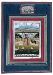 Todi ragini - Nainen soittamassa vinaa eläinten maisemassa, 1810-20 tekijältä Indian School