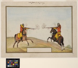 Kaksi ratsastettua sotilasta vaihtamassa kiväärin tulia, n. 1830 (läpinäkymätön akvarelli ja kulta paperilla) tekijältä Indian School