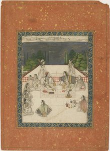 Kaksi naista istuvat terassilla palvelijoiden ja muusikoiden ympäröimänä, n. 1650 (läpinäkymätön wc ja kultaa paperilla) tekijältä Indian School