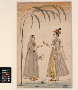 Kaksi naista puun alla, n. 1750 (läpinäkymätön akvarelli ja kulta paperilla) tekijältä Indian School
