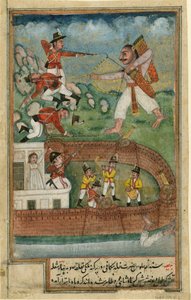 Demoni hyökkäämässä eurooppalaisten joukkojen puolustamaan linnoitukseen - Intian demonit hyökkäämässä eurooppalaisten joukkojen puolustamaan linnoitukseen - Intian taide - c. 1790 - Vesiväri paperille - 24x15,3 - Yksityiskokoelma tekijältä Indian School