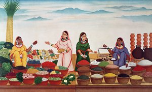 Vihannes- ja maustemarkkinat Benaresissa, n. 1840 tekijältä Indian School