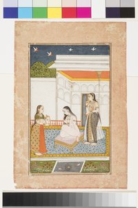 Vilaval Ragini of Hindol, n. 1745 (läpinäkymätön akvarelli ja kulta paperille, kiinnitetty albumin sivulle) tekijältä Indian School