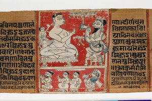 Vimalaprava keskustelee Rajin ja Lakshmin kanssa, n.1300 (läpinäkymätön wc palmunlehdellä) tekijältä Indian School
