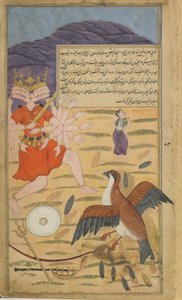 Vol.1 fol.132 Korppikotka Jatayus kuulee Sitasin vetoomuksen ja antaa taistelun Ravanalle (läpinäkymätön vesiväri, mustetta ja kultaa paperilla) tekijältä Indian School