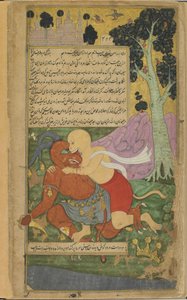 Vol.2 fol.220 Sugriva saavuttaa vapautensa äkillisesti silpomalla Kumbhakarnaa (läpinäkymätön vesiväri, mustetta ja kultaa paperilla) tekijältä Indian School