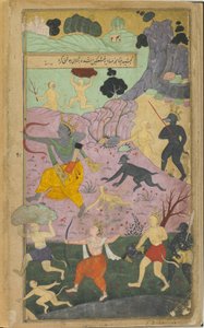 Vol.2 fol.237 Rama ja Laksmana liittyvät hyökkäykseen Lankaa vastaan (läpinäkymätön vesiväri, mustetta ja kultaa paperilla) tekijältä Indian School