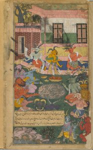 Vol.2 fol.246 Indrajita tarjoaa uhrauksia varmistaakseen voiton Ramasta ja Laksmanasta (läpinäkymätön vesiväri, muste ja kulta paperilla) tekijältä Indian School