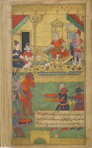 Vol.2 fol.273 Vibhishana Is Installed as King of Lanka (läpinäkymätön akvarelli, muste ja kulta paperille) tekijältä Indian School