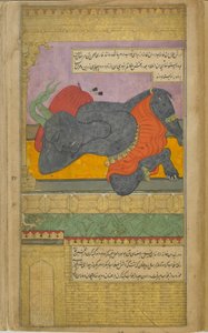 Vol.2 fol.295 Kumbhakarna, jonka jumalat huijasivat pyytämään Brahmalta loputtoman unen siunausta, nukkuu upeassa asunnossa, joka on valmistettu hänelle Ravanasin tilauksesta (läpinäkymätön akvarelli, tussi tekijältä Indian School