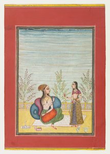 Nainen ja hoitaja, n. 1700-10 (läpinäkymätön wc ja kultaa paperilla) tekijältä Indian School