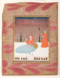 Nainen istuu terassilla palvelijan kanssa chaurilla, n. 1735 (läpinäkymätön wc ja kultaa paperilla) tekijältä Indian School