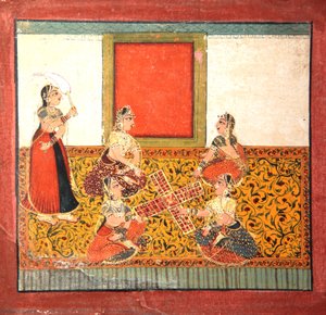 Naiset leikkivät Parcheesia, istuvat keltakuvioisella lattiapäällysteellä, n. 1725 (läpinäkymätön wc ja kultaa paperilla) tekijältä Indian School