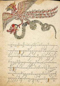 Käärmettä kantava lentävä olento, kuvitus teoksista "Serat Damar Wulan" tai "The Romance of Damar Wulan" (kynä ja muste akvarellilla paperille)