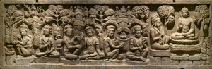 Arada Kalama toimittaa opetuksensa tulevalle Buddhalle. Indonesia, Java, Boroduru. 1800-luvun loppu