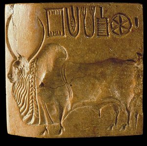 Zebu-härkäsinetti Indus-kirjoituksella löydetty Mohenjo Darosta, Indus-laaksosta, 3. vuosituhat eKr. tekijältä Indus Valley Civilisation.