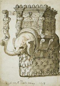 Suunnittelu norsukilpailuun (kynä ja muste paperille) tekijältä Inigo Jones
