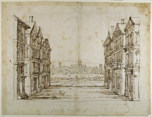 Englantilaiset talot Lontoon ja Thamesin kanssa kaukana (kynä ja muste paperille) tekijältä Inigo Jones