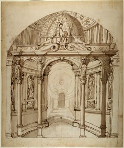 Palatsin sisustus, n. 1611 (kynä ja muste paperille) tekijältä Inigo Jones