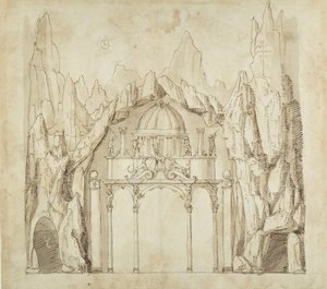 Palatsi luolassa, n. 1611 (kynä ja muste paperille) tekijältä Inigo Jones
