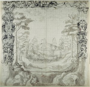 Proscenium ja metsästyskohtaus (kynä ja muste paperille) tekijältä Inigo Jones