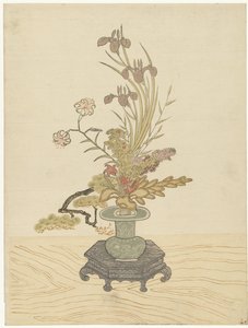 Ikebana-kukkaasetelma vihreässä maljakossa tekijältä Ippitsusai Bunchô (manner of)