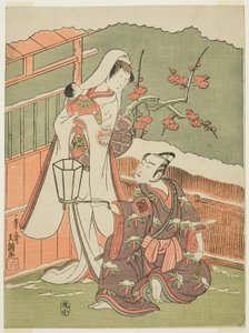 Näyttelijät Arashi Sangorô II Minamoto no Yoritomon roolissa ja Segawa Kikunojô II Lumenaisena elokuvassa "Izun puuvillavanu, joka suojaa avioliiton krysanteemeja" ("Myôtogiku Izu no Kisewata"). tekijältä Ippitsusai Bunchō