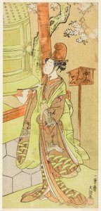 Näyttelijä Iwai Hanshiro IV Kiyohimen roolissa näytelmässä Hidakagawa Iriai-zakura, esitettiin Morita-teatterissa yhdeksännessä kuussa, 1770 tekijältä Ippitsusai Bunchō