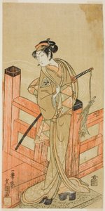 Näyttelijä Nakamura Matsue I Tsuchiya Umegawana Naamiaissumopainija Oyodoksi (?) Naniwa no Onna-zumo -näytelmässä (?), Esitettiin Nakamura-teatterissa (?) kuudennessa kuukaudessa, 1770 (?) tekijältä Ippitsusai Bunchō