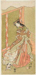 Näyttelijä Nakamura Noshio I kolmantena prinsessana (Nyosan no Miya) näytelmässä Fuki Kaete Tsuki mo Yoshiwara (uusitettu katto: Kuu paistaa myös Yoshiwaran huvialueen yli), esitetään Morita-teatterissa yhdennentoista kuun ensimmäisestä päivästä lähtien. tekijältä Ippitsusai Bunchō