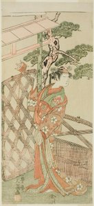Näyttelijä Yamashita Kinsaku II Moshiona, Ito Sukekiyon vaimona näytelmässä Izu-goyomi Shibai no Ganjitsu, esitettiin Morita-teatterissa yhdestoista kuukaudessa, 1772 tekijältä Ippitsusai Bunchō