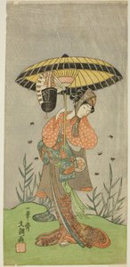Näyttelijä Yamashita Kinsaku II Nijo no Kisakina (?) näytelmässä Natsu Matsuri Naniwa Kagami (?), joka esitettiin Morita-teatterissa (?) seitsemännessä kuussa, 1770 (?) tekijältä Ippitsusai Bunchō