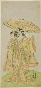 Näyttelijät Ichikawa Komazo II Chunagon Yukihirana (oikealla) ja Iwai Hanshiro IV Murasamena (vasemmalla), näytelmässä Kuni no Hana Ono no Itsumoji, esitettiin Nakamura-teatterissa yhdestoista kuukaudessa, 1771 tekijältä Ippitsusai Bunchō