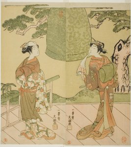 Näyttelijät Ichimura Uzaemon IX Shume no Hangan Morihisana (oikealla) ja Sanogawa Ichimatsu II Chujona (vasemmalla) näytelmässä Edo no Hana Wakayagi Soga, joka esitettiin Ichimura-teatterissa toisessa kuussa, 1769 tekijältä Ippitsusai Bunchō