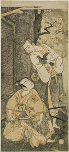 Näyttelijät Nakamura Utaemon I Seigenina (oikealla) ja Ichikawa Komazo II Shimizu Tonoinosuke Kiyoharuna (vasemmalla) näytelmässä Soga Moyo Aigo no Wakamatsu, joka esitettiin Nakamura-teatterissa kolmannessa kuussa, 1769 tekijältä Ippitsusai Bunchō