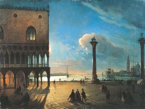 Piazzetta San Marco kuutamossa, Venetsia, Ippolito Caffi (1809-1866), öljy kankaalle, 52x70 cm tekijältä Ippolito Caffi