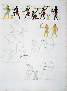 Sotilaalliset kohtaukset, sotilaat jousilla ja nuolilla, Beni Hasanin haudoista, levy CXVIII, Egyptin ja Nubian monumenteista: siviilimonumentteja tekijältä Ippolito Rosellini