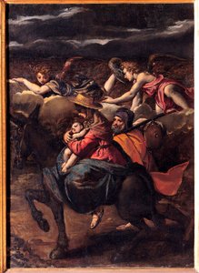 La fuite en Egypte - Lento Egyptiin - Ippolito Scarsellinon (Scarsella) maalaus (1551-1620), Öljy kankaalle 1585 (101x73 cm) - Musei Capitolini, Rooma tekijältä Ippolito Scarcella