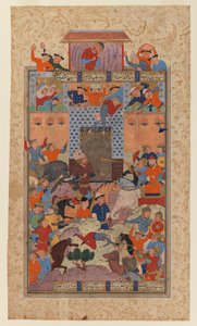 Folio Shahnamehista: Iranilaiset valloittavat Afrasiyabsin linnoituksen, n. 1580-1590 (muste ja läpinäkymätön wc paperilla)